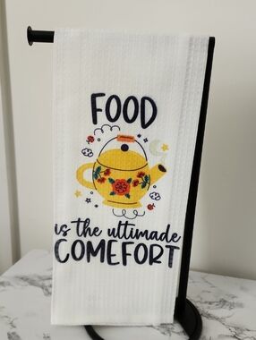 White Kitchen Tea Towel with Yellow Floral Teapot Design 18in X 28in